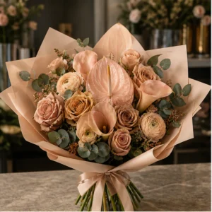 Buchet Flori de Lux Editorial Nude cu Anthurium Blush și Cale - imagine 1