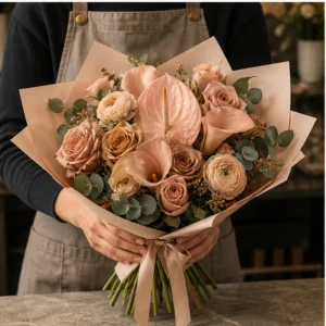 Buchet Flori de Lux Editorial Nude cu Anthurium Blush și Cale - imagine 3