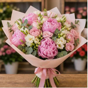 Buchet Flori Frumoase Zâmbet Roz cu Bujori și Lisianthus - imagine 1