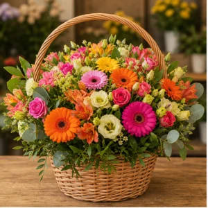 Coș Flori Frumoase Grădină Veselă cu Gerbera Mini și Alstroemeria - imagine 1