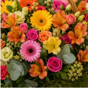 Coș Flori Frumoase Grădină Veselă cu Gerbera Mini și Alstroemeria - imagine 2