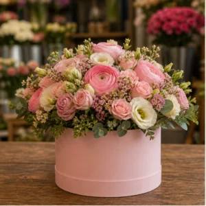 Cutie Flori Frumoase Roz Pudrat cu Ranunculus și Miniroze - imagine 1