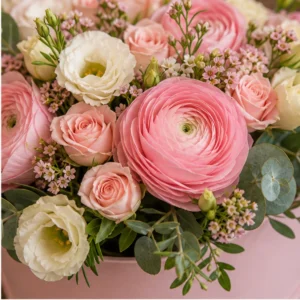 Cutie Flori Frumoase Roz Pudrat cu Ranunculus și Miniroze - imagine 2