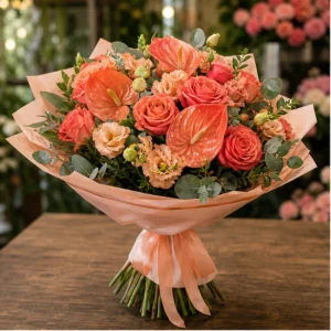 Buchet Flori Frumoase Răsărit Coral cu Anthurium și Trandafiri - imagine 1
