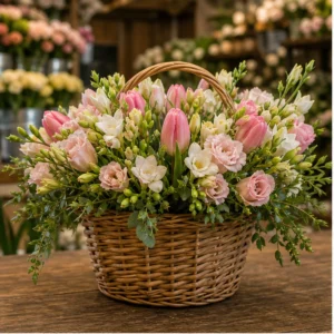 Coș Flori Frumoase Parfum de Frezii cu Lalele Roz - imagine 1