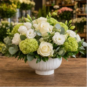 Aranjament Flori Frumoase Verde Fresh cu Viburnum și Trandafiri Albi - imagine 1