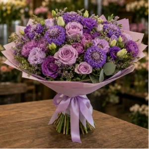 Buchet Flori Frumoase Fantezie Mov cu Scabiosa și Lisianthus - imagine 1