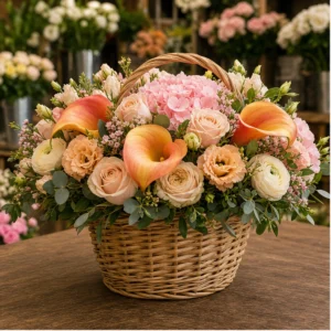 Coș Flori Frumoase Semnătură Pastel cu Cale Mango și Hortensie Roz - imagine 1