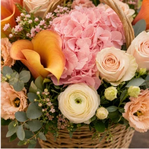 Coș Flori Frumoase Semnătură Pastel cu Cale Mango și Hortensie Roz - imagine 2