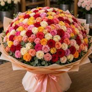 Buchet cu 101 Trandafiri Multicolori – Spectacolul Emoțiilor Într-un Singur Gest - imagine 2