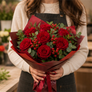 Flori Livrate Acasă Ruby Moment cu Trandafiri Roșii și Hypericum - imagine 3