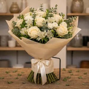 Flori pentru aniversarea casatoriei buchet champagne cu trandafiri crem - poza 3