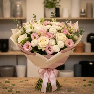 Flori pentru aniversarea casatoriei buchet crem roz cu trandafiri si lisianthus - poza 1