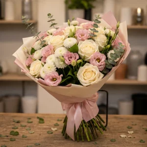 Flori pentru aniversarea casatoriei buchet crem roz cu trandafiri si lisianthus - poza 3