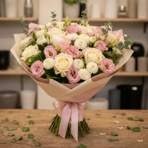 Flori pentru aniversarea casatoriei buchet crem roz cu trandafiri si lisianthus - poza 4