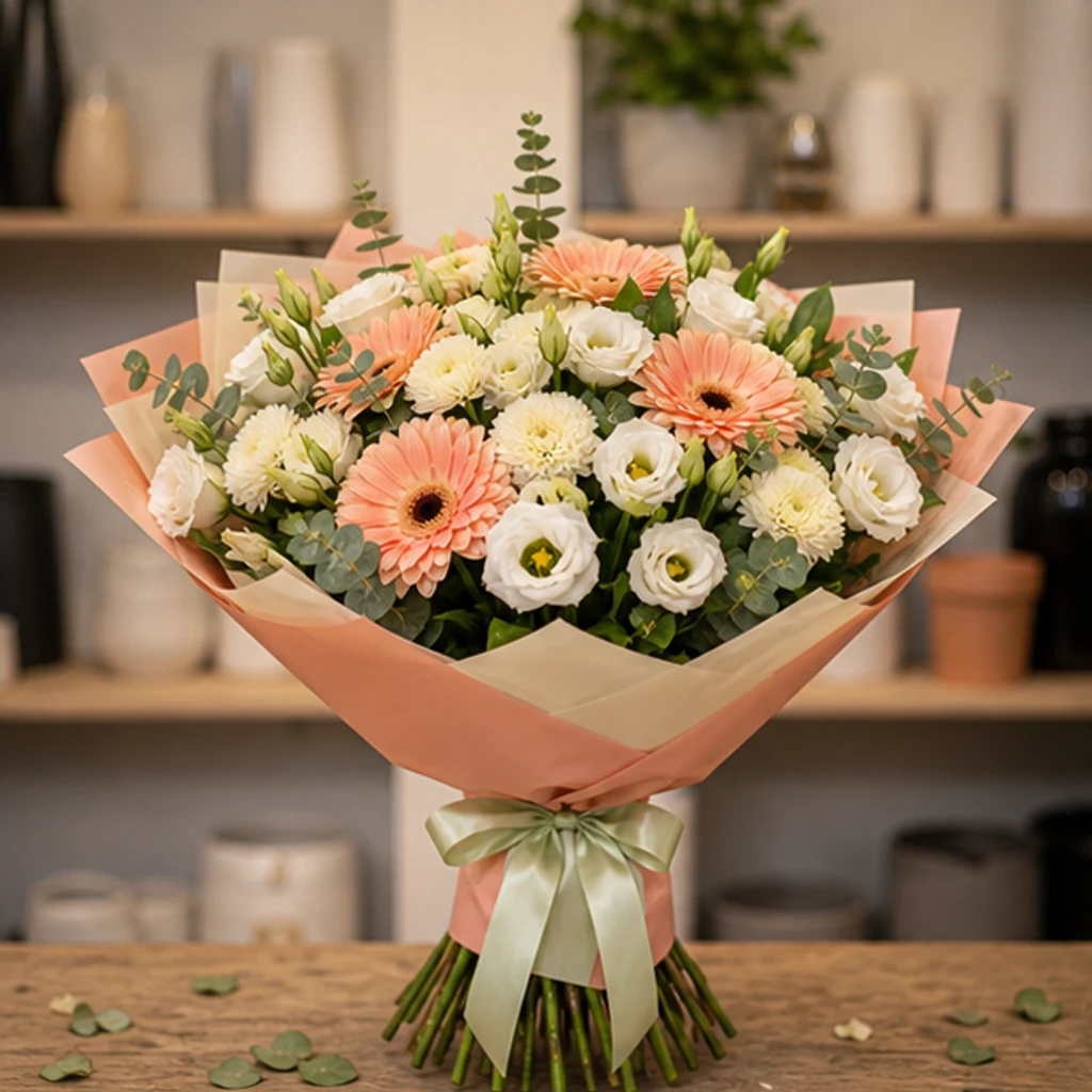 Flori pentru aniversarea casatoriei buchet pastel cu gerbera si lisianthus - poza 1