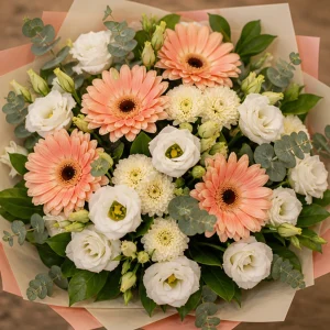 Flori pentru aniversarea casatoriei buchet pastel cu gerbera si lisianthus - poza 2