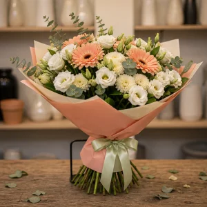 Flori pentru aniversarea casatoriei buchet pastel cu gerbera si lisianthus - poza 3