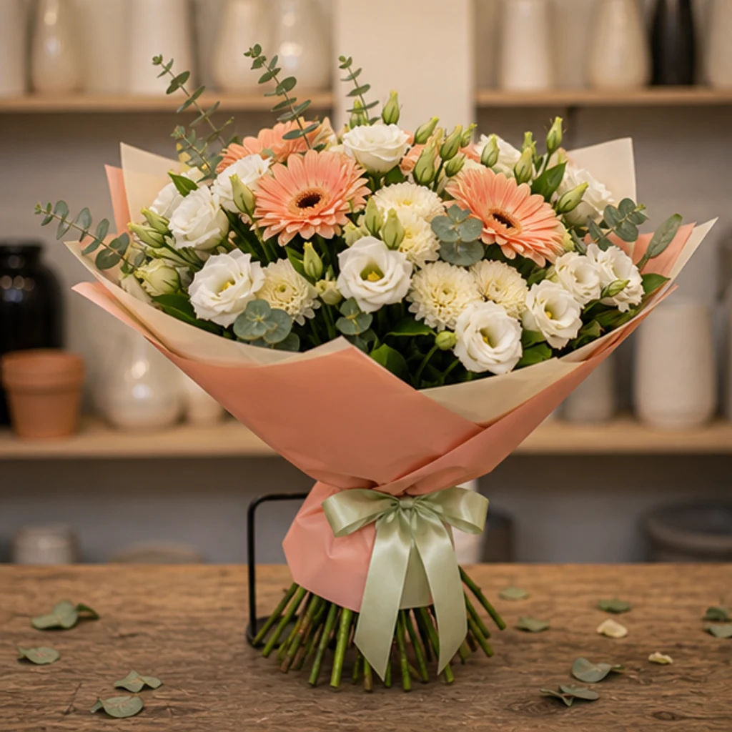 Flori pentru aniversarea casatoriei buchet pastel cu gerbera si lisianthus - poza 3
