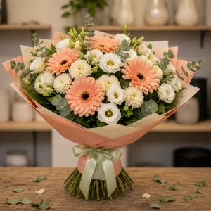 Flori pentru aniversarea casatoriei buchet pastel cu gerbera si lisianthus - poza 4
