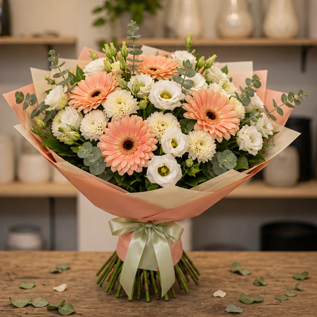 Flori pentru aniversarea casatoriei buchet pastel cu gerbera si lisianthus - poza 4
