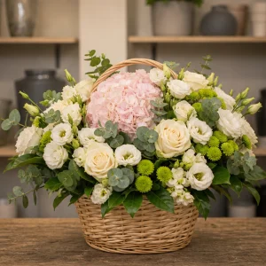 Flori pentru aniversarea casatoriei cos romantic cu hortensie si lisianthus - poza 1