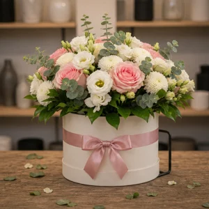 Flori pentru aniversarea casatoriei cutie florala alb roz cu trandafiri - poza 3