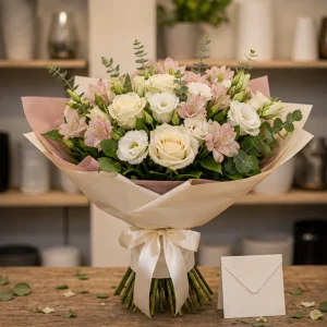 Flori pentru aniversarea casatoriei pachet buchet si felicitare eleganta - poza 1