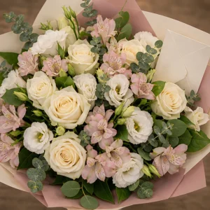 Flori pentru aniversarea casatoriei pachet buchet si felicitare eleganta - poza 2