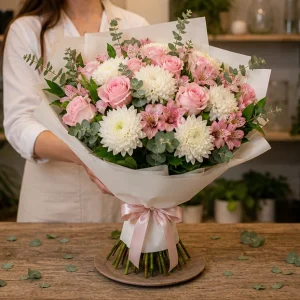 Flori zi de nastere femei buchet alb roz pentru mama - poza 3