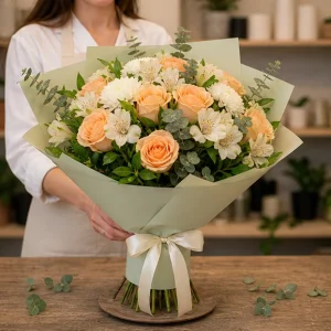 Flori zi de nastere femei buchet cald piersica si crem - poza 3