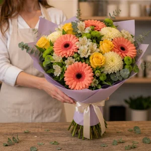 Flori zi de nastere femei buchet colorat cu gerbera somon - poza 3