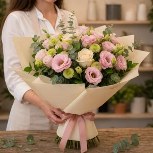 Flori zi de nastere femei buchet delicat roz cu lisianthus - poza 3