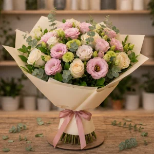 Flori zi de nastere femei buchet delicat roz cu lisianthus - poza 4