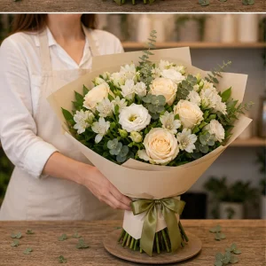 Flori zi de nastere femei buchet elegant cu trandafiri crem - poza 3