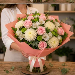 Flori zi de nastere femei buchet multumire roz si alb - poza 3