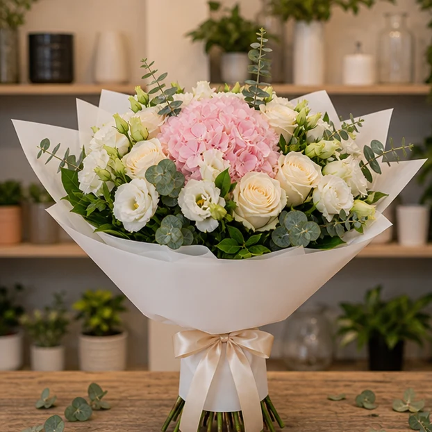 Flori zi de nastere femei buchet premium accesibil cu hortensie roz - poza 1