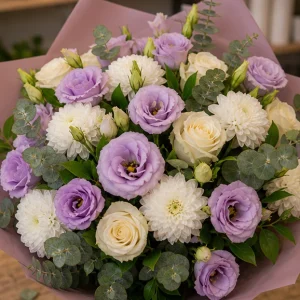 Flori zi de nastere femei buchet rafinat lila si crem - poza 2