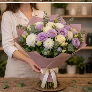 Flori zi de nastere femei buchet rafinat lila si crem - poza 3