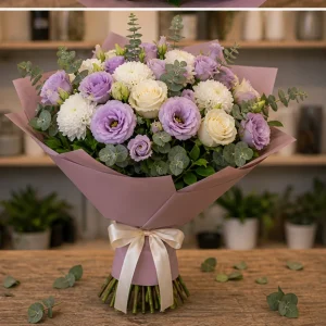 Flori zi de nastere femei buchet rafinat lila si crem - poza 4