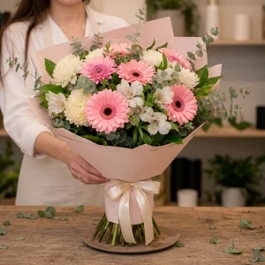 Flori zi de nastere femei buchet vesel cu gerbera si alstroemeria - poza 3
