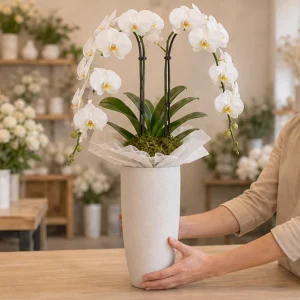 Ghiveci Orhidee cascade alba in vas inalt - poza 3
