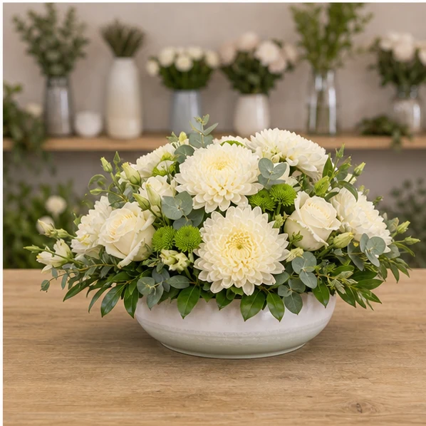 Livrare aranjamente florale de lux crem cu crizanteme si eucalipt - poza 1