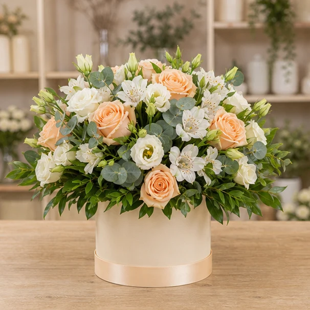 Livrare aranjamente florale de lux piersica cu trandafiri - poza 1