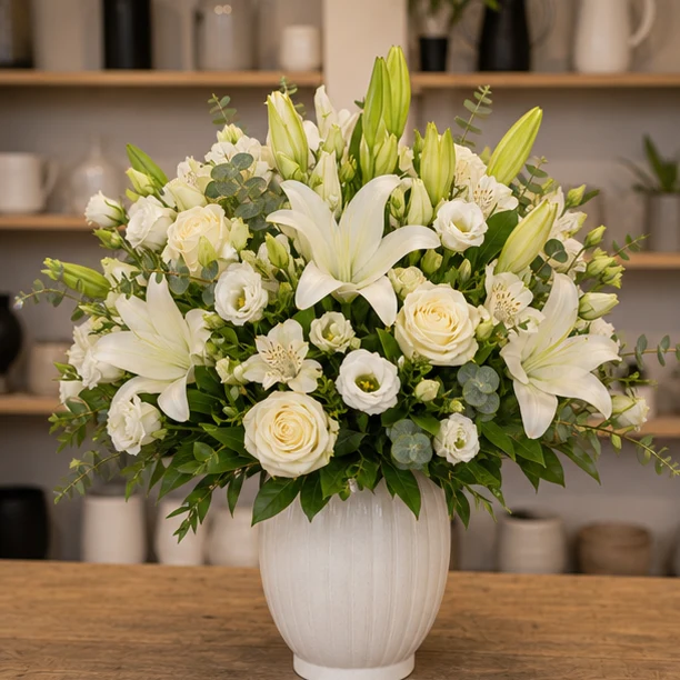 Livrare aranjamente florale de Paste de lux cu crini albi si lisianthus - poza 1