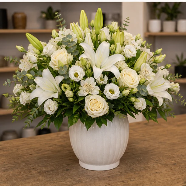 Livrare aranjamente florale de Paste de lux cu crini albi si lisianthus - poza 3