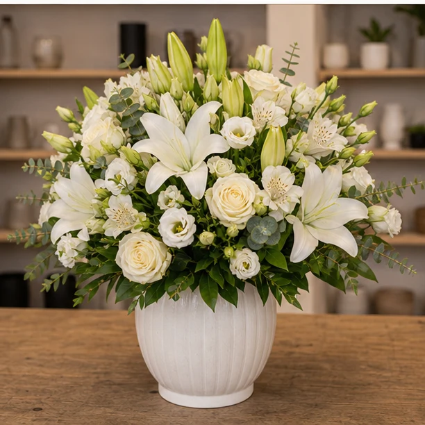 Livrare aranjamente florale de Paste de lux cu crini albi si lisianthus - poza 4