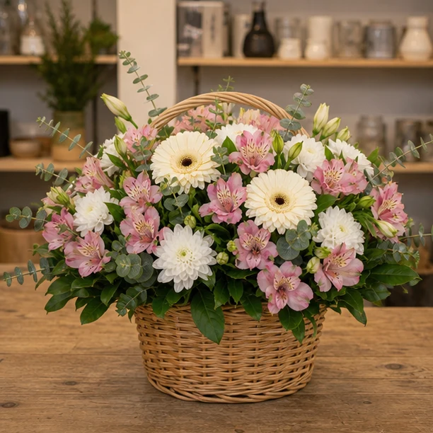 Livrare aranjamente florale de Paste in cos natural cu alstroemeria si gerbera - poza 1