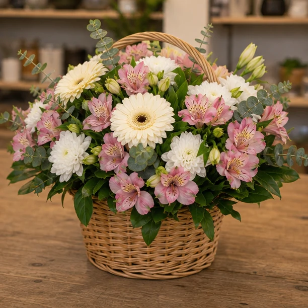 Livrare aranjamente florale de Paste in cos natural cu alstroemeria si gerbera - poza 4