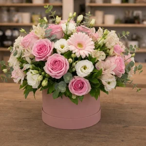 Livrare aranjamente florale de Paste roz delicat in cutie rotunda - poza 4